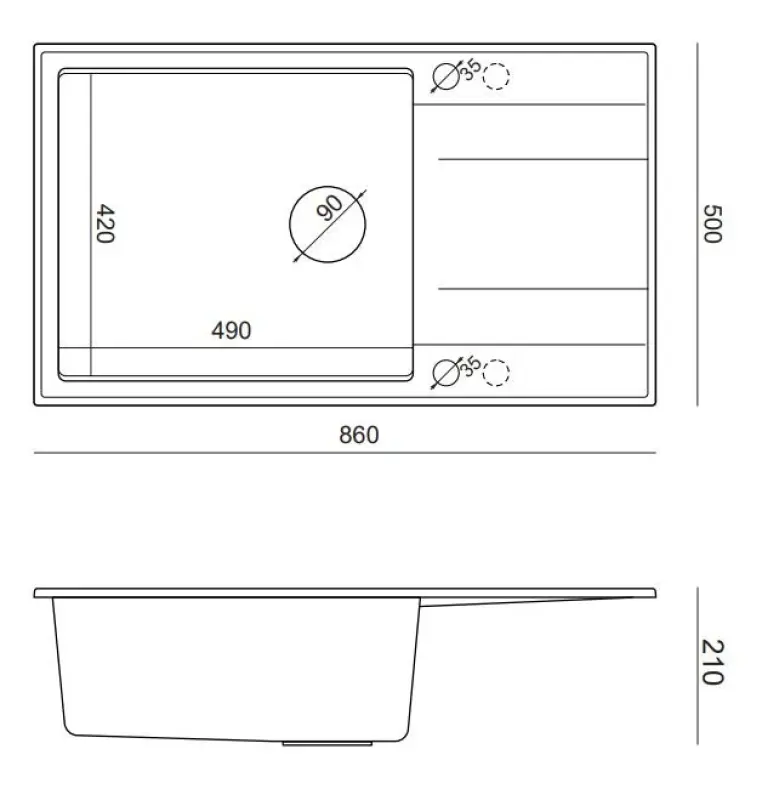 Quadri Luton grå granit stor infällbar diskho med avrinning, vändbar 86x50cm med kopparpropp 1208967331