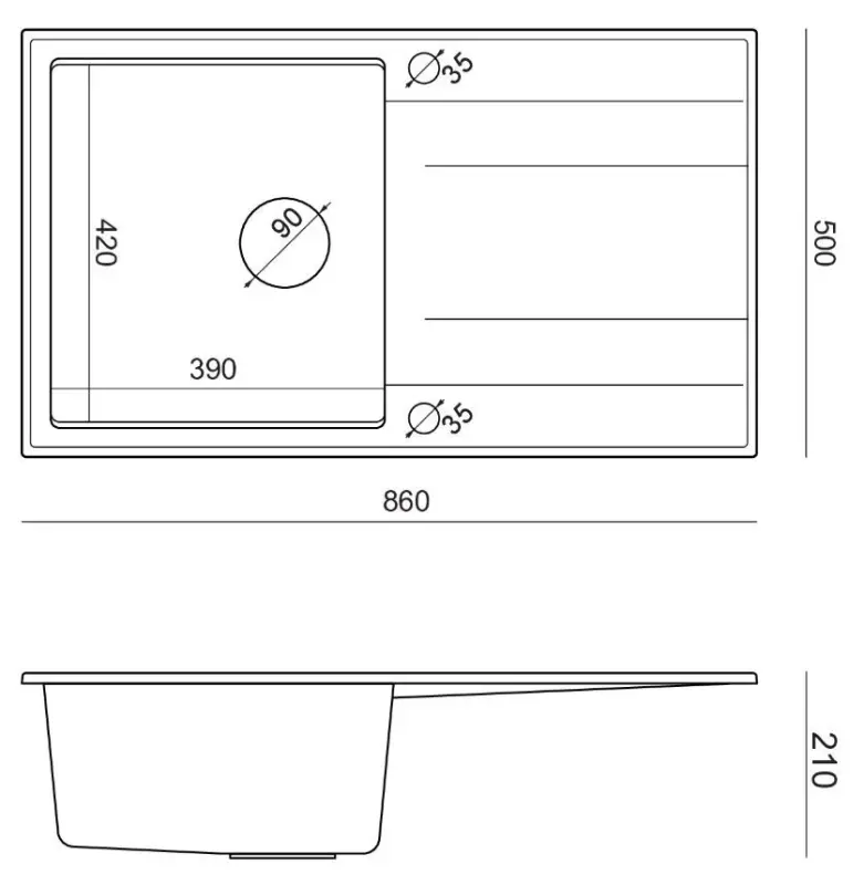 Quadri Luton antracit granit infällbar diskbänk med avrinning, vändbar 86x50cm med guldplugg 1208967344