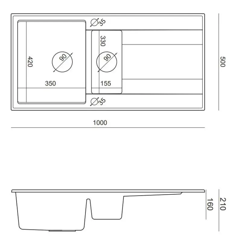 Quadri Luton antracit granit infällningsdiskho 1,5 vask med avtappningsyta vändbar 100x50cm med kopparplugg 1208967355