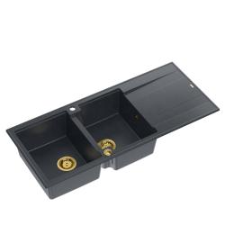 Quadri Luton infälld dubbel diskho i granit antracit med avrinning 116x50 cm med guldplugg 1208967364