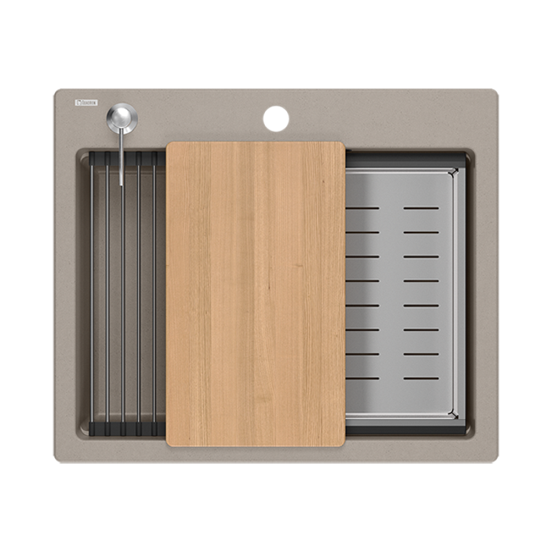 Quadri Durham taupe granit ovanpå diskbänk 595x500 med tvåldispenser, skärbräda, inbyggd diskho och rullmatta 1208967376