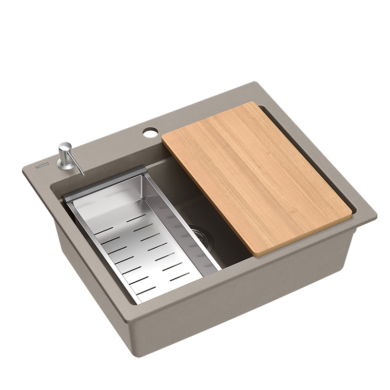 Quadri Durham taupe granit ovanpå diskbänk 595x500 med tvåldispenser, skärbräda, inbyggd diskho och rullmatta 1208967376