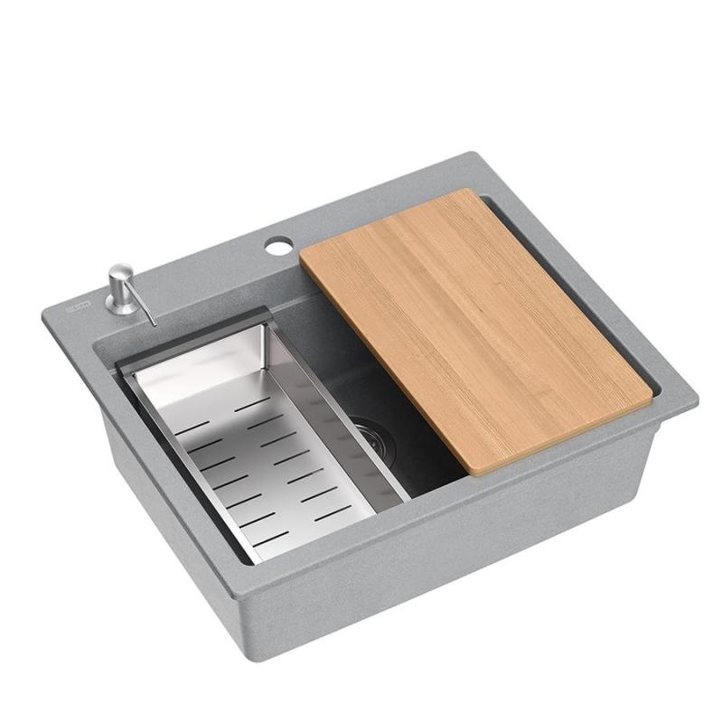 Quadri Durham grå granit uppbyggnad diskbänk 595x500 med tvåldispenser, skärbräda, infällningsbar och rullmatta 1208967378