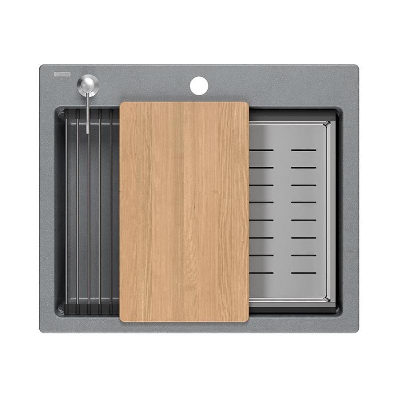 Quadri Durham grå granit uppbyggnad diskbänk 595x500 med tvåldispenser, skärbräda, infällningsbar och rullmatta 1208967378