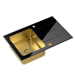 Quadri Glazz inbyggd guldig diskho med svart glasavrinning 78x50 vändbar 1208967407