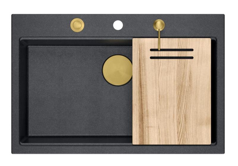 Quadri Hard Rock antracit granit ovanpå stor diskho 76x50cm inklusive gyllene plugg och tillbehör 1208967444