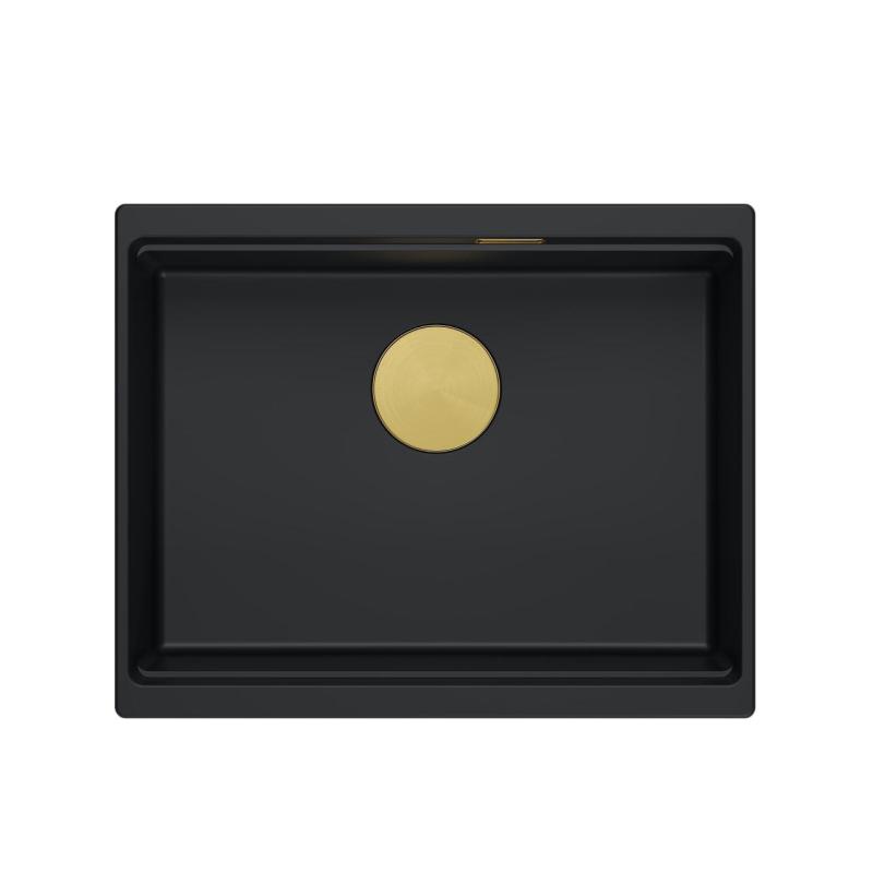 Quadri Newport II granit underlimmad svart diskho 560x450 mm med gyllene propp och avloppslock 1208967449
