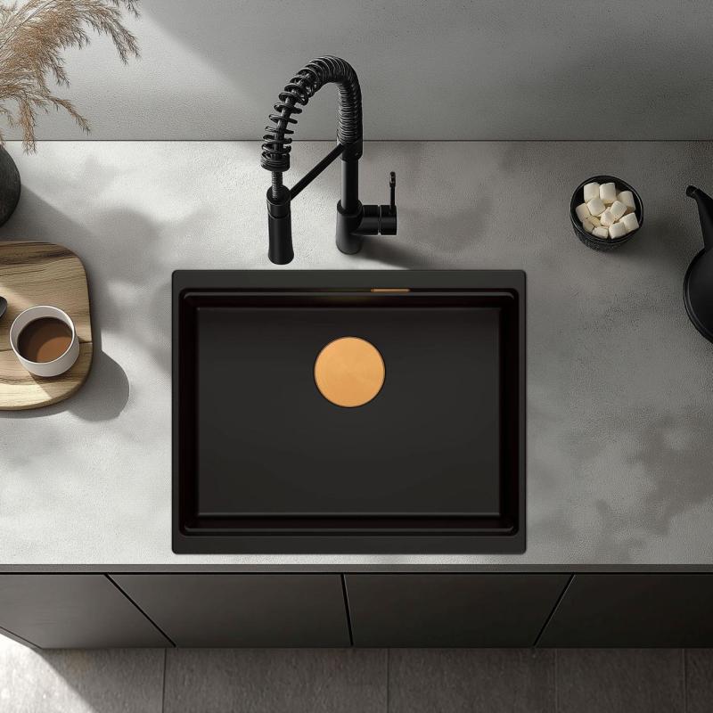 Quadri Newport II granit undermonterad svart diskho 560x450mm med kopparplugg och avloppslock 1208967450