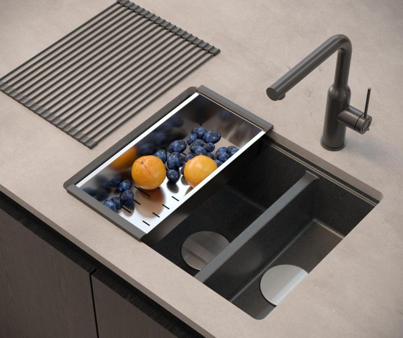 Quadri Newport II antracit 1,5 diskho granit ovanpå- och underbyggnadsdiskho 555x460mm med rostfri plugg 1208967472