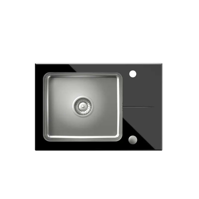 Quadri Glazz Set med kökskran och infälld diskho i rostfritt stål med svart glasavtappningsdel 64x44 cm vändbar 1208967493