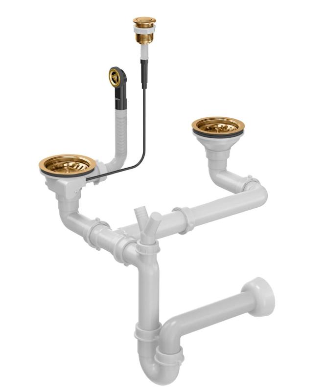 Quadri koppar dubbel diskbänksavloppsset och överfyllnad med tryck för att öppna knapp koppar 1208967546