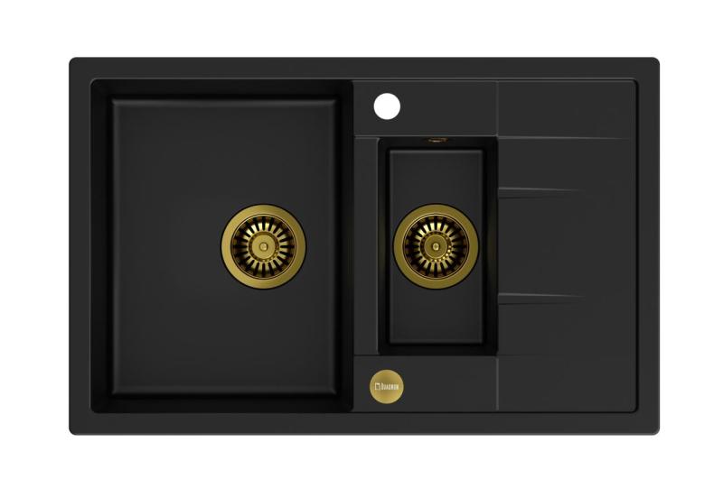 Quadri Brenton svart granit infällningsdiskho 1,5 ho med avrinningsyta 78x50cm med guldplugg 1208967554