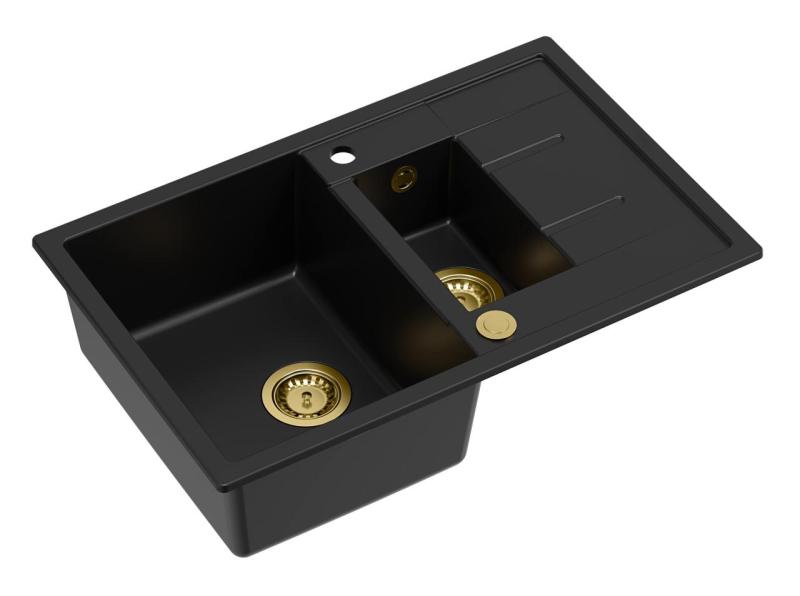 Quadri Brenton svart granit infällningsdiskho 1,5 ho med avrinningsyta 78x50cm med guldplugg 1208967554