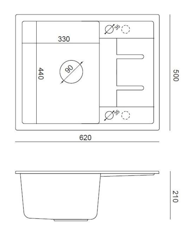 Quadri Dalton antracitgranits bänkskiva med avrinningsyta 62x50cm med rostfri plugg 1208967570