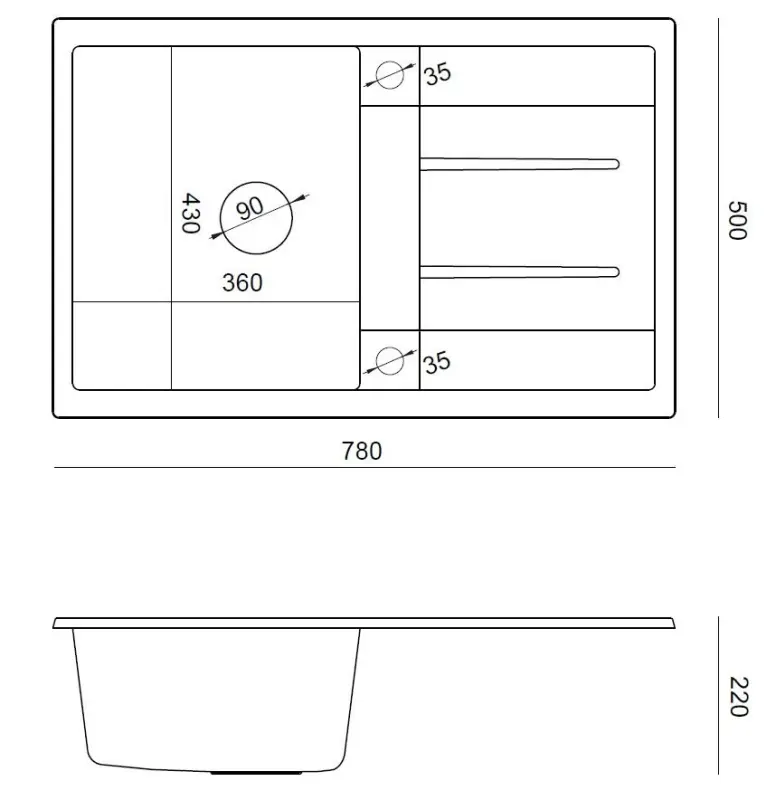 Quadri Sheffield Svart Granit Infälld Diskho 78x50cm med Avrinningsyta och Guldpropp - 1208967581