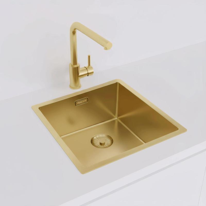 Pure.Sink Prestige diskho 40x40 cm PVD Guld 10 mm radie undermonterad, planmonterad och ovanpåliggande PPG4040-60