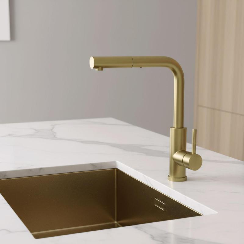 Pure.Sink Elite Steel Spark-S köksblandare PVD borstad guld med utdragbar pip PS8041-60