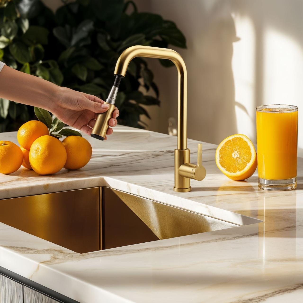 Pure.Sink Elite Steel Crystal-S köksblandare PVD borstad guld med utdragbar pip PS8050-60