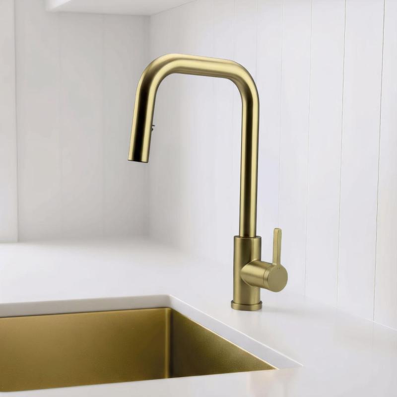 Pure.Sink Elite Steel Crystal-S köksblandare PVD borstad guld med utdragbar pip PS8050-60