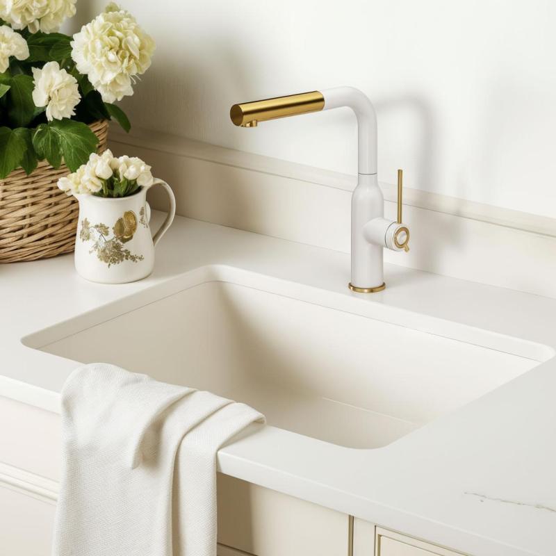 Quadri Stamford Köksblandare Vit med PVD Guld Finish och Utdragbar Pip 1208967686