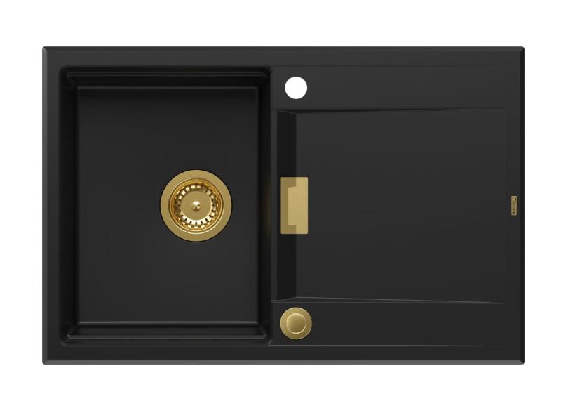 Quadri Minton Granit Diskbänk Svart 76x50cm med Vändbar Avtappning och Guld Propp 1208967739