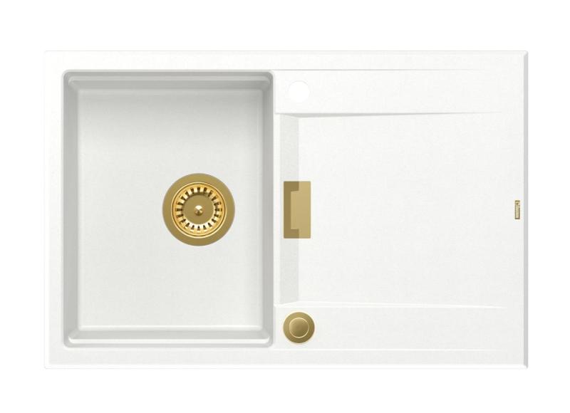 Quadri Minton Granit Inbyggnad Vit Diskho 76x50cm med Omvändbar Avrinning och Gyllene Propp - 1208967748
