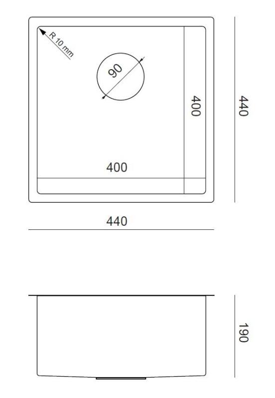 Aquadesign Zara rostfritt stål diskho 44x44 cm underbyggd, infälld och påbyggd med rostfritt stålplugg - 1208967760