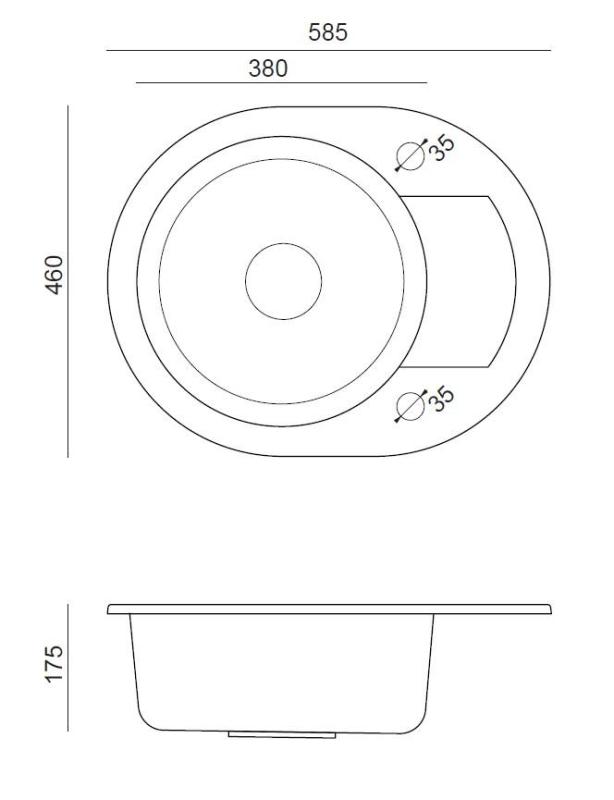 Quadri London Grå Granit Rund Diskho med Avrinningsyta och Rostfri propp 585x460mm Vändbar - 1208967772