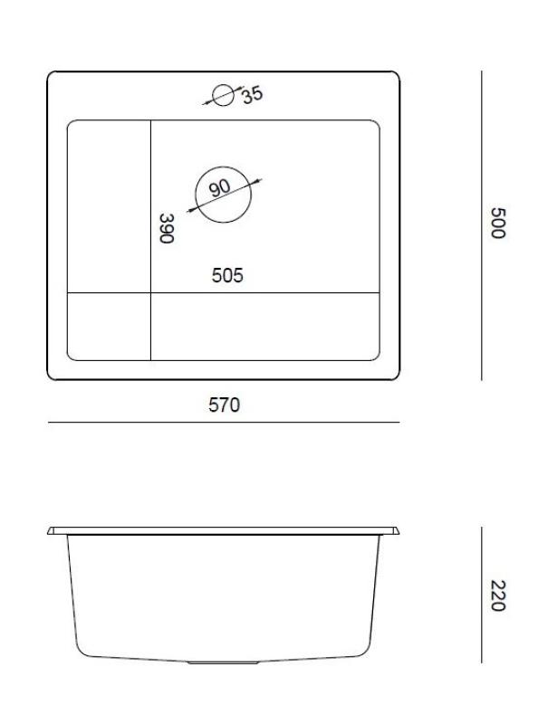 Quadri Sheffield Antracit Granit Uppåliggande eller Infälld Diskho 57x50 cm med Kranhål och Guldpropp - 1208967813
