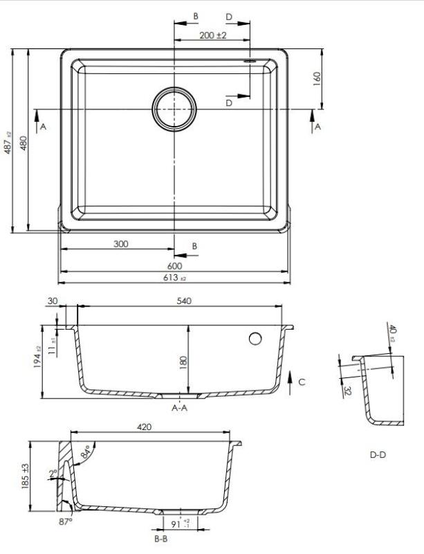 GraniteMy Traditionell Lantlig Diskbänk Granitho 60x48 cm Svart Underbyggnad och Planmontering med Gun Metal Propp 1208967939
