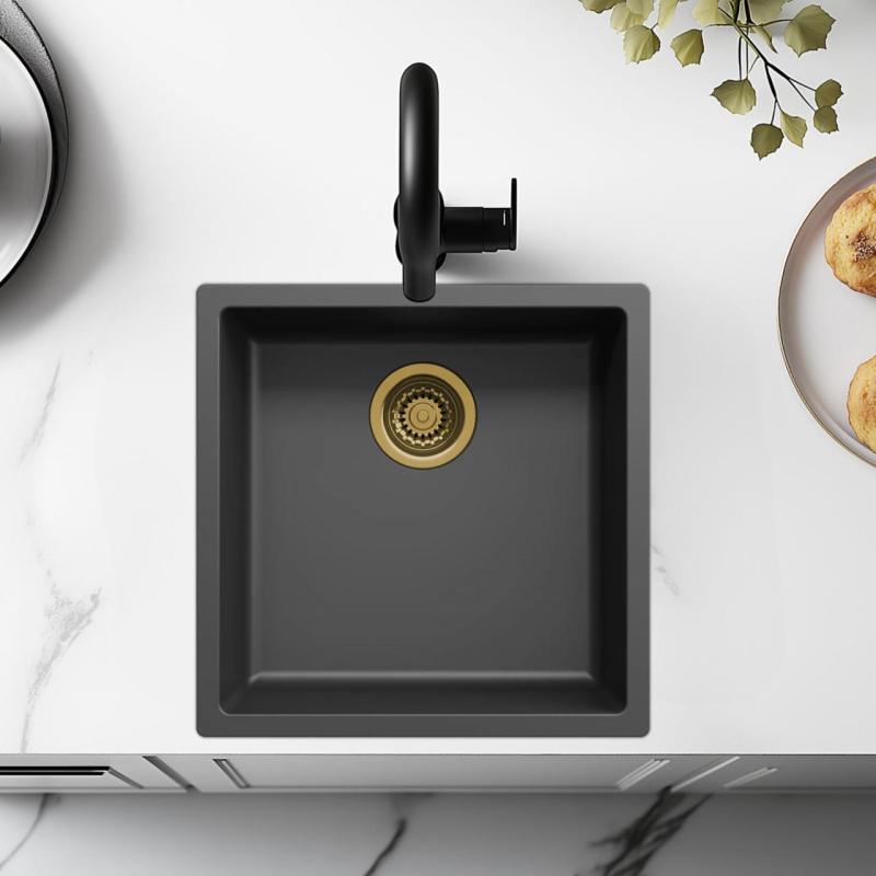 Svart diskho 40x40 cm undermonterad, ovanpå eller planmonterad med guldplugg 1208968034