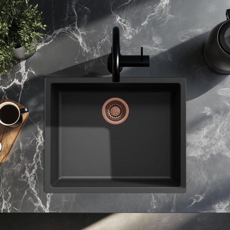 Svart diskho 50x40cm undermonterad, ovanpåliggande och planmonterad med kopparpropp 1208968036