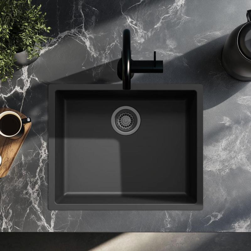 Svart diskho 50x40 cm undermontering, toppmontering och planmontering med gunmetal plugg 1208968038