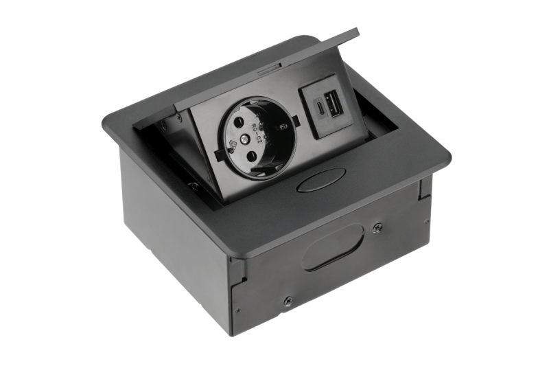 AVARO Infälld möbeluttag, 1x Schuko-uttag, USB A+C, 1,5m kabel, Svart