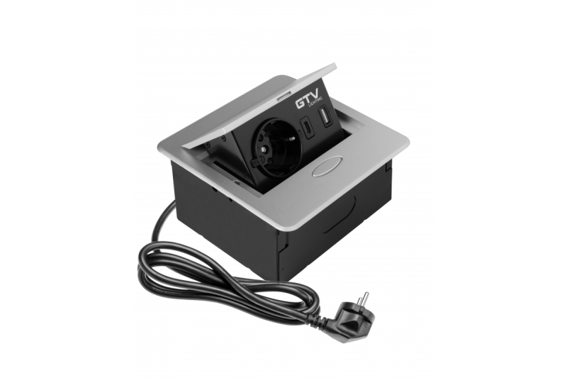 AVARO Infälld Möbeluttag, 1x Schuko-uttag, USB A+C, 1.5m Kabel, Silver