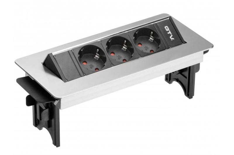 Skrivbordsförlängningskabel utan kassett 3x schuko-uttag, 1,5m strömkabel med inox-kontakt (skruvmontering)