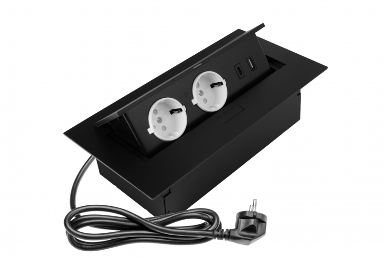 Möbeluttag 2x schuko-uttag, USB A+C, utan kabel, svart