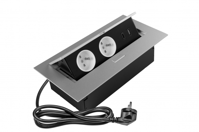 Möbeluttag 2x uttag med jordning, USB A+C, strömkabel med plugg, alu