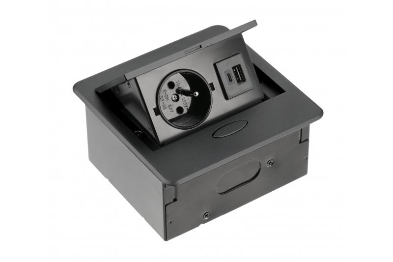 AVARO Infälld Möbeluttag, 1x Franskt Uttag, USB A+C, 1,5m Kabel, Svart