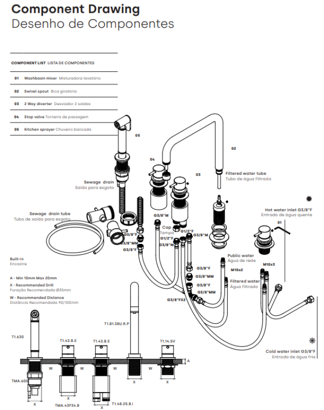 Waterevolution Flow 5-håls vinkel köksblandare med utdragbar dusch och filtrerad vattenanslutning koppar T154HCPE