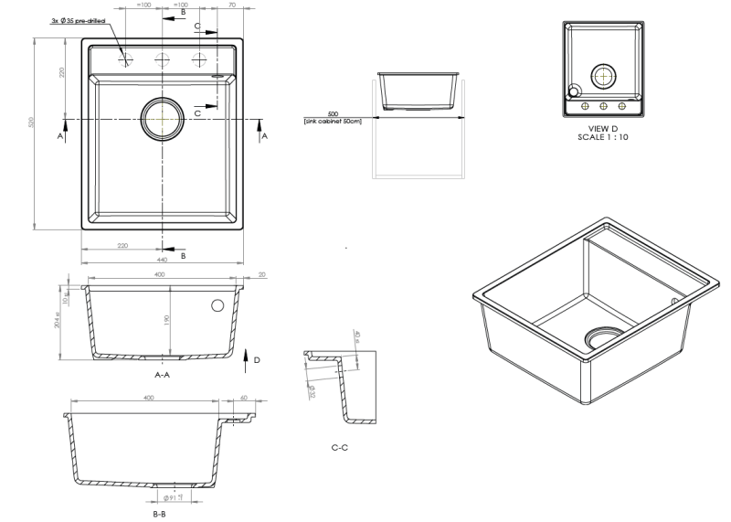 GraniteMy Bremen Granitho Vask 44x52 cm Svart – Ovanpåliggande, Underliggande och Planmontering med Blandarhål och Rostfri Propp 1208969991