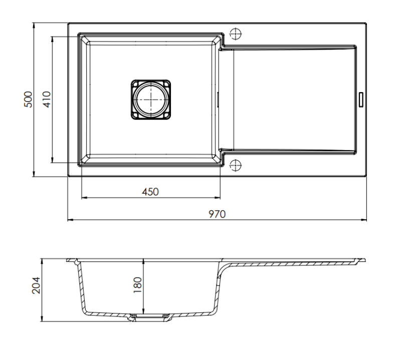 GraniteMy Zafiri Svart Granit Inbyggd Diskbänk 97x50 cm med Avrinningsyta, Vändbar, med Svart Fyrkantigt Avlopp 1208969997