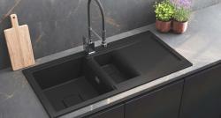 GraniteMy Zafiri Svart Granit Inbyggnad 1,5 Diskho 100x50 cm med Avrinningsyta, Vändbar, med Svart Fyrkantigt Avloppslock 1208969998