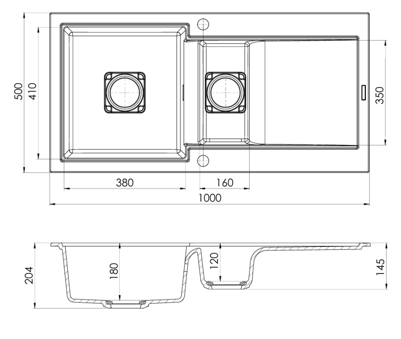 GraniteMy Zafiri Svart Granit Inbyggnad 1,5 Diskho 100x50 cm med Avrinningsyta, Vändbar, med Svart Fyrkantigt Avloppslock 1208969998