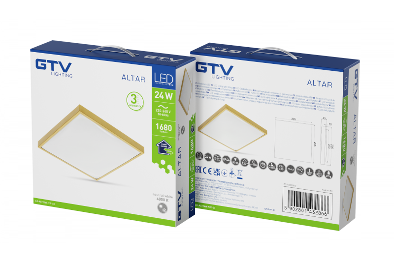 ALTAR LED Taklampa, 295x295mm, 4000K, 24W, 1680lm, AC180-250V, 50/60 Hz, PF>0.5, IP44, Guld färg, 3 års garanti.