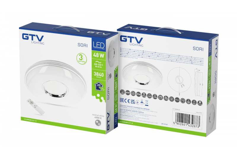 SORI LED taklampa, Ø490mm, CCT, 48W, 3840lm, AC180-250V, 50/60 Hz, PF>0,9, IP54, fjärrkontroll, vit, 3 års garanti.