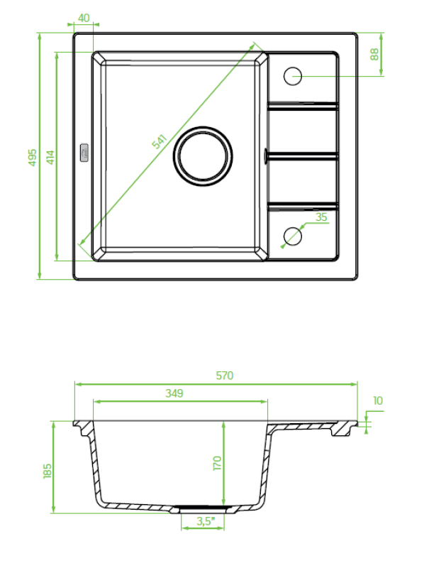 Aquadesign Somerset Granitisk Bänkskiva Diskho Antracit med litet Avtorkningsområde 570 x 495 mm 1208970084