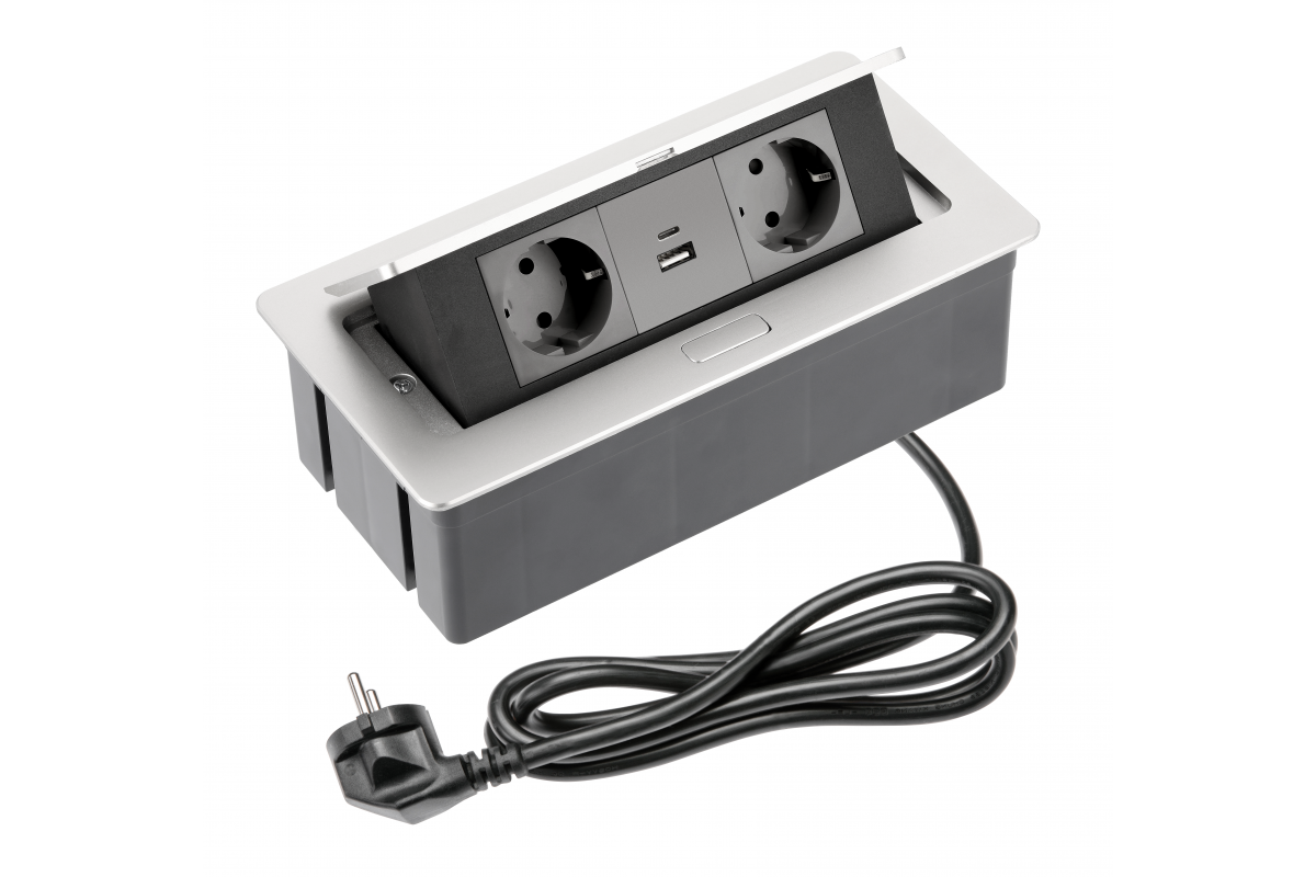 Möbeluttag SOFT 2x Schuko-uttag, USB A+C, strömkabel med plugg, aluminium - Productafbeelding
