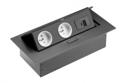 Möbelfot 2x uttag med jordning, USB A+C, strömkabel med stickkontakt, svart.