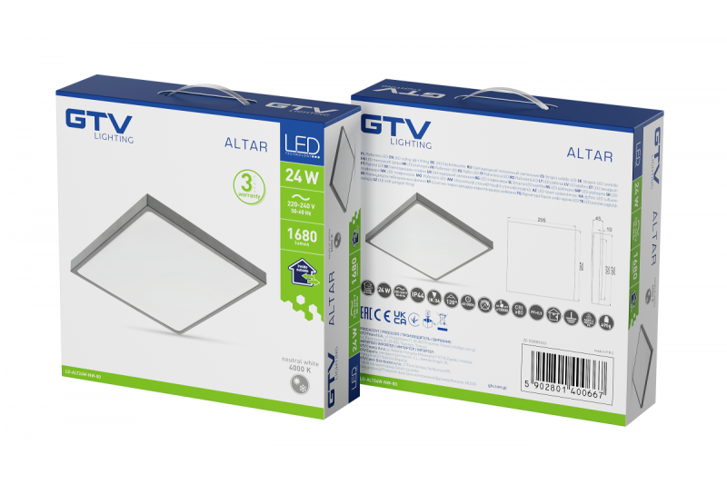 ALTAR LED Taklampa, 295x295mm, 4000K, 24W, 1680lm, AC180-250V, 50/60 Hz, PF>0.5, IP54, grå, 3 års garanti